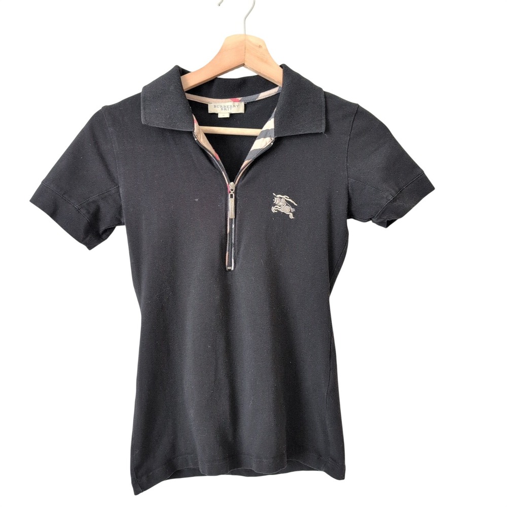 Burberry Brit‎ Black Quarter Zip Polo Shirt Nova Check Trim Womens XS Academia
